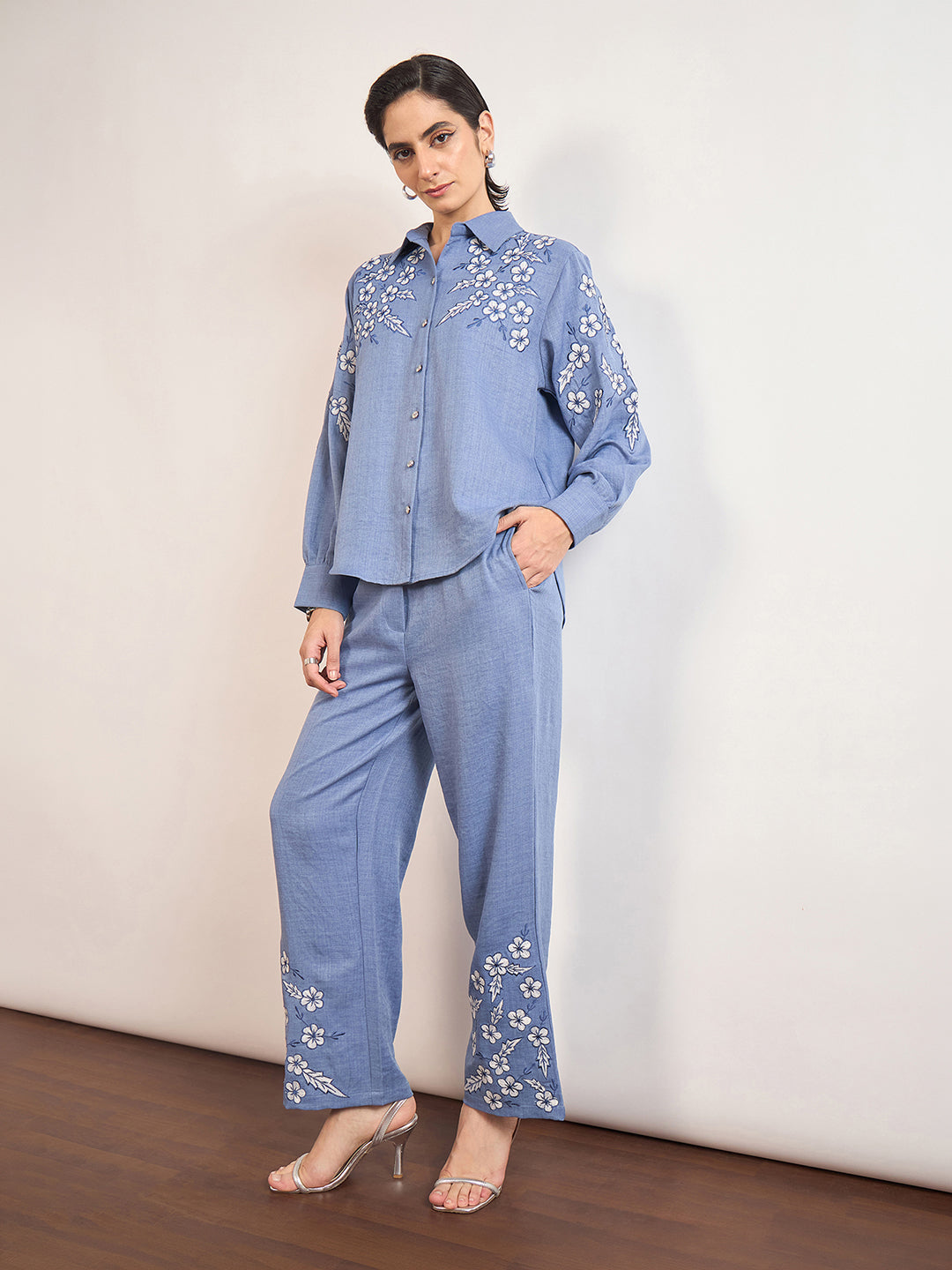Indigo Cotton Embroidery & Cuffed Sleeves Co-Ord Set