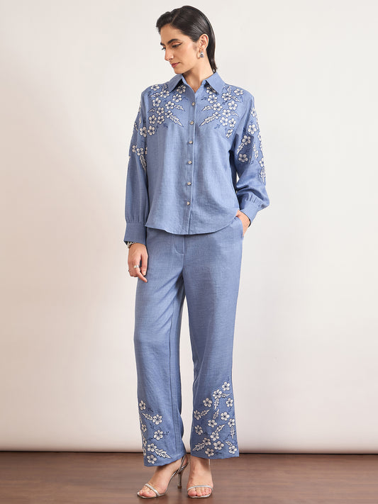 Indigo Cotton Embroidery & Cuffed Sleeves Co-Ord Set