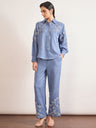 Indigo Cotton Embroidery & Cuffed Sleeves Co-Ord Set