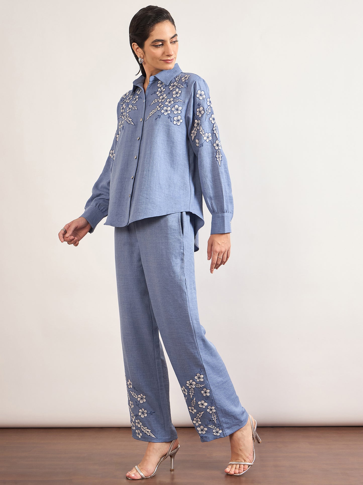 Indigo Cotton Embroidery & Cuffed Sleeves Co-Ord Set