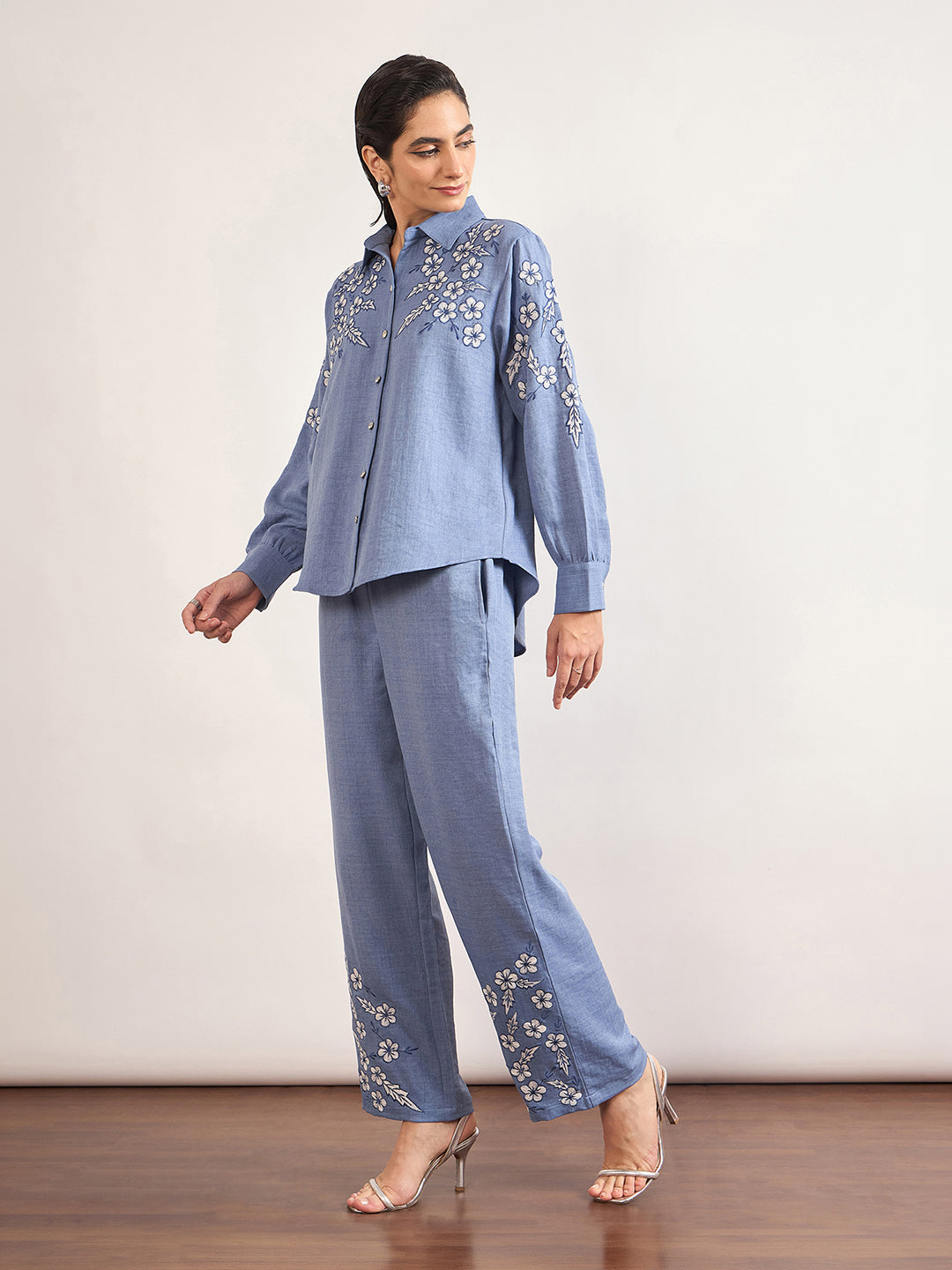 Indigo Cotton Embroidery & Cuffed Sleeves Co-Ord Set