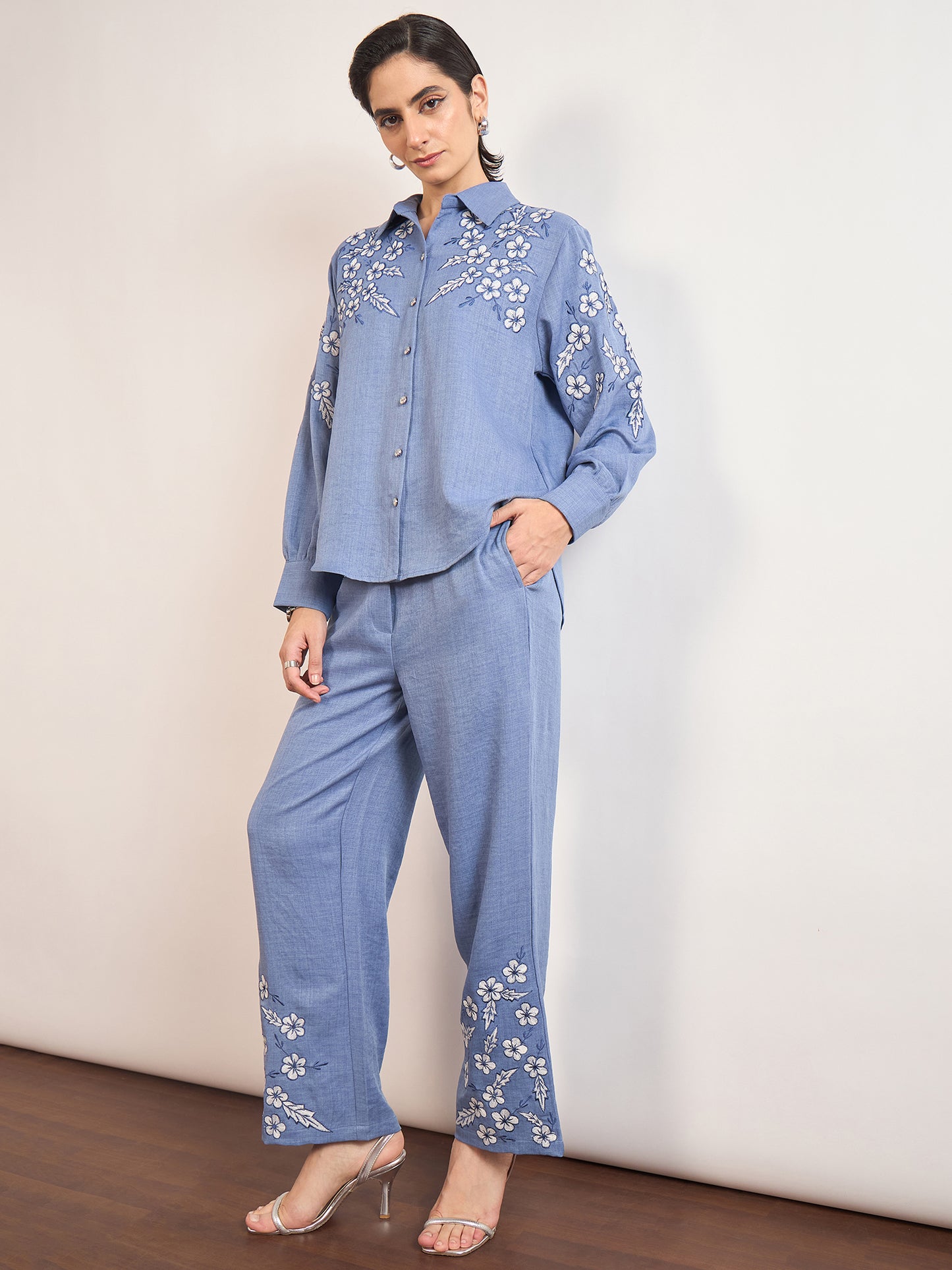Indigo Cotton Embroidery & Cuffed Sleeves Co-Ord Set
