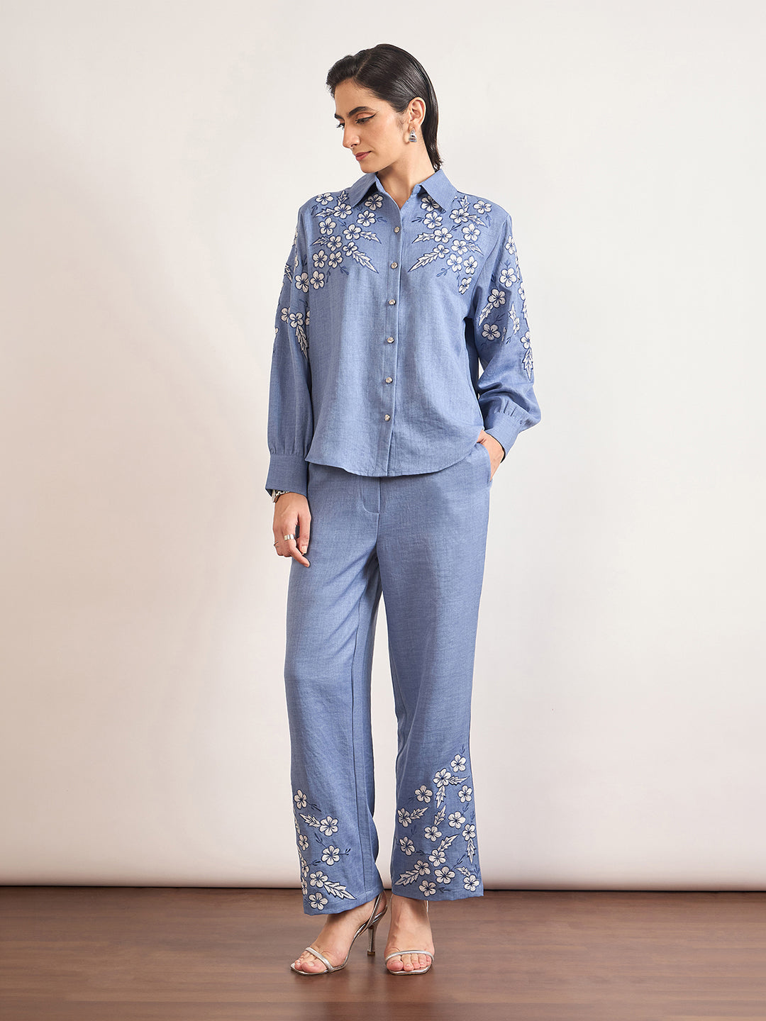 Indigo Cotton Embroidery & Cuffed Sleeves Co-Ord Set