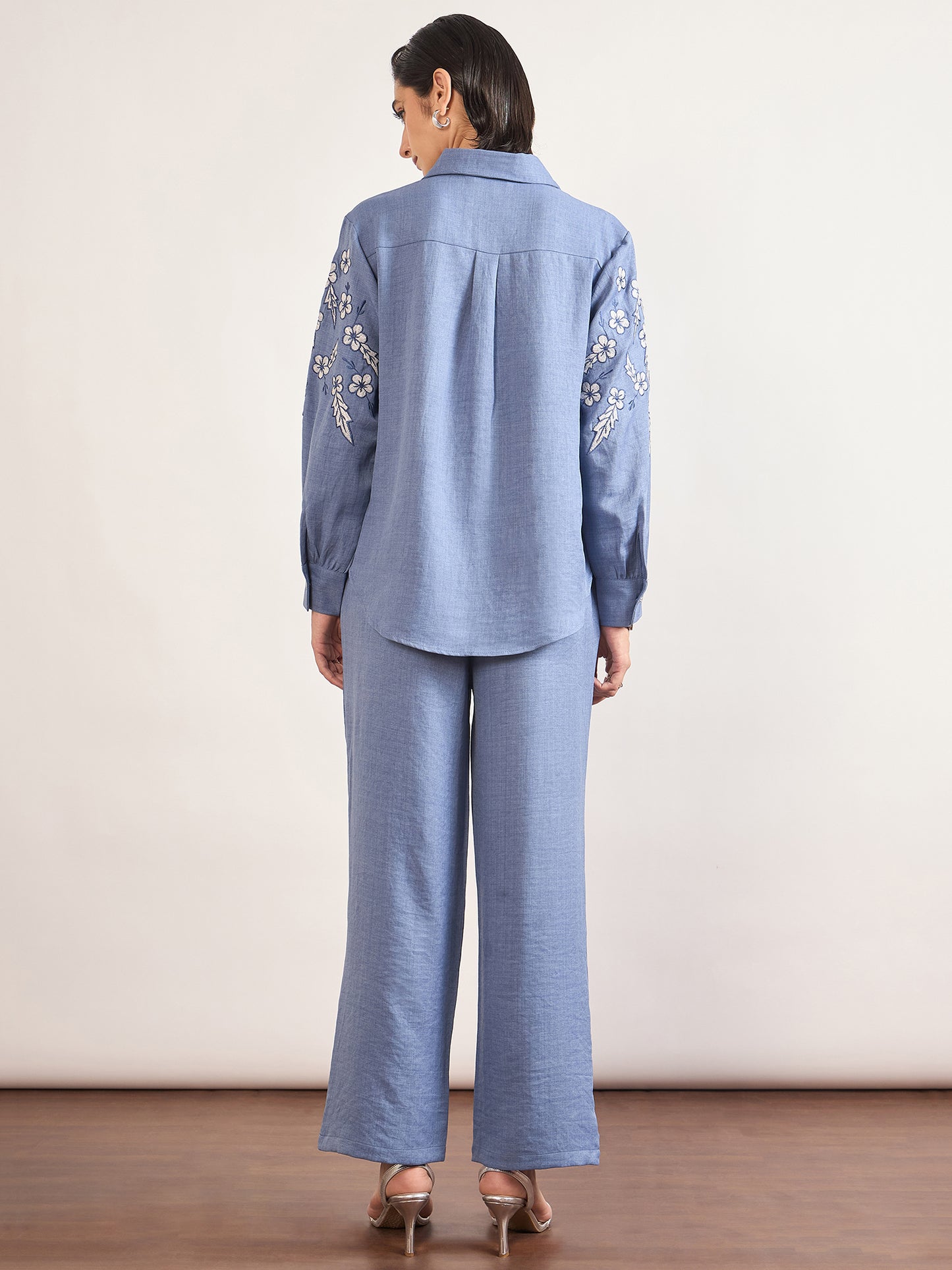 Indigo Cotton Embroidery & Cuffed Sleeves Co-Ord Set