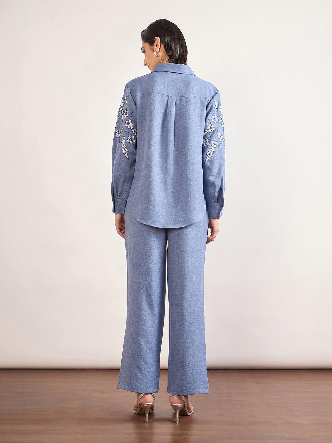 Indigo Cotton Embroidery & Cuffed Sleeves Co-Ord Set