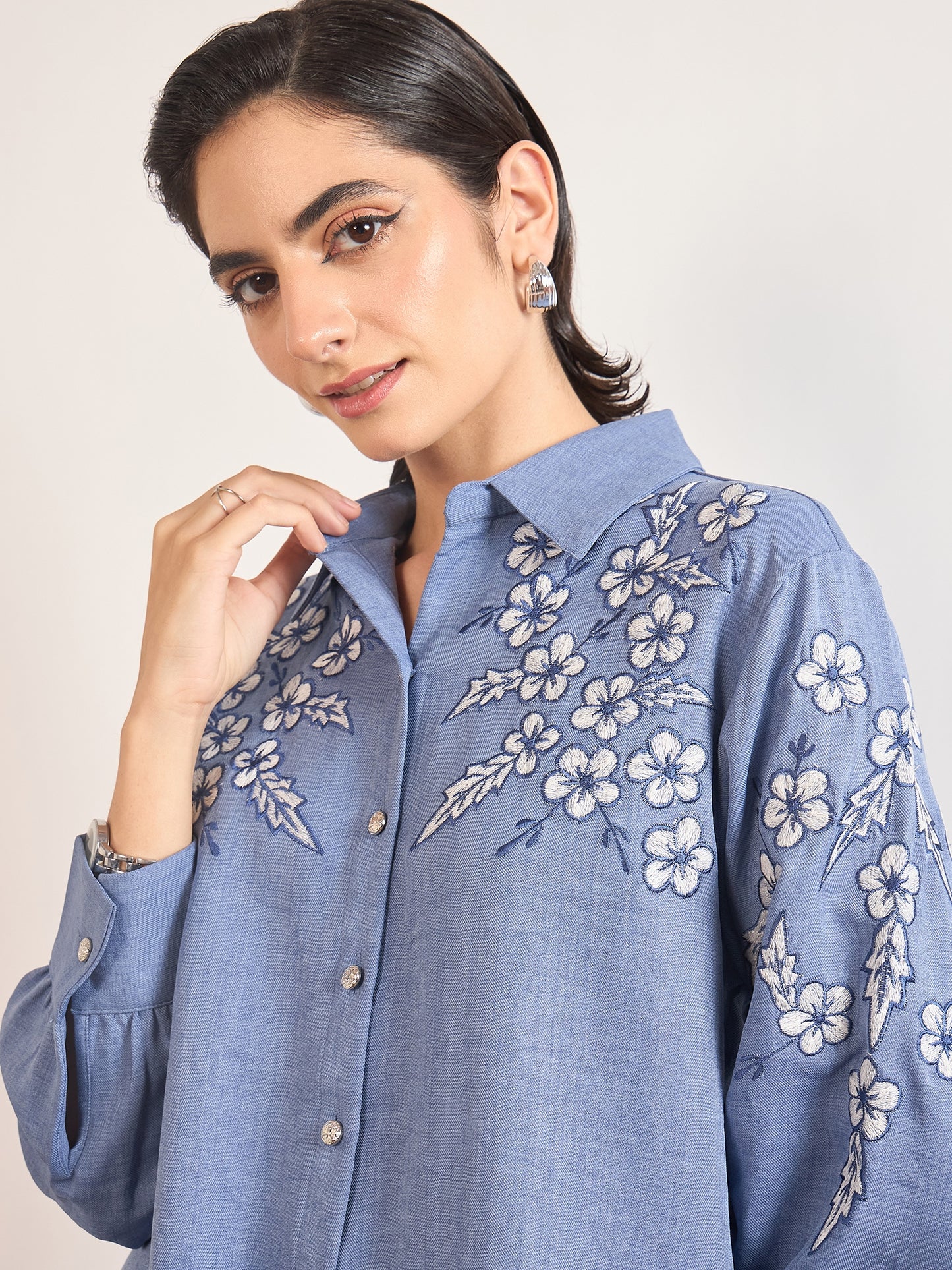 Indigo Cotton Embroidery & Cuffed Sleeves Co-Ord Set