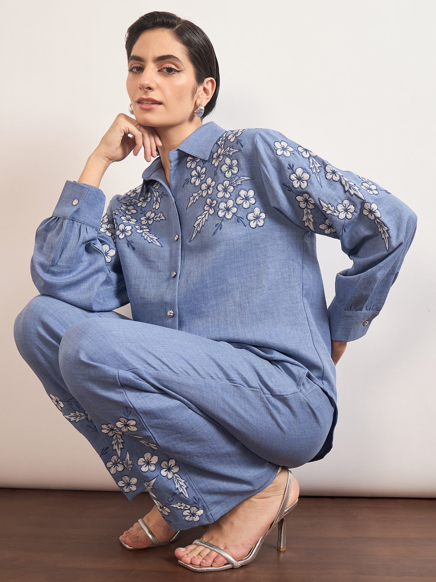 Indigo Cotton Embroidery & Cuffed Sleeves Co-Ord Set
