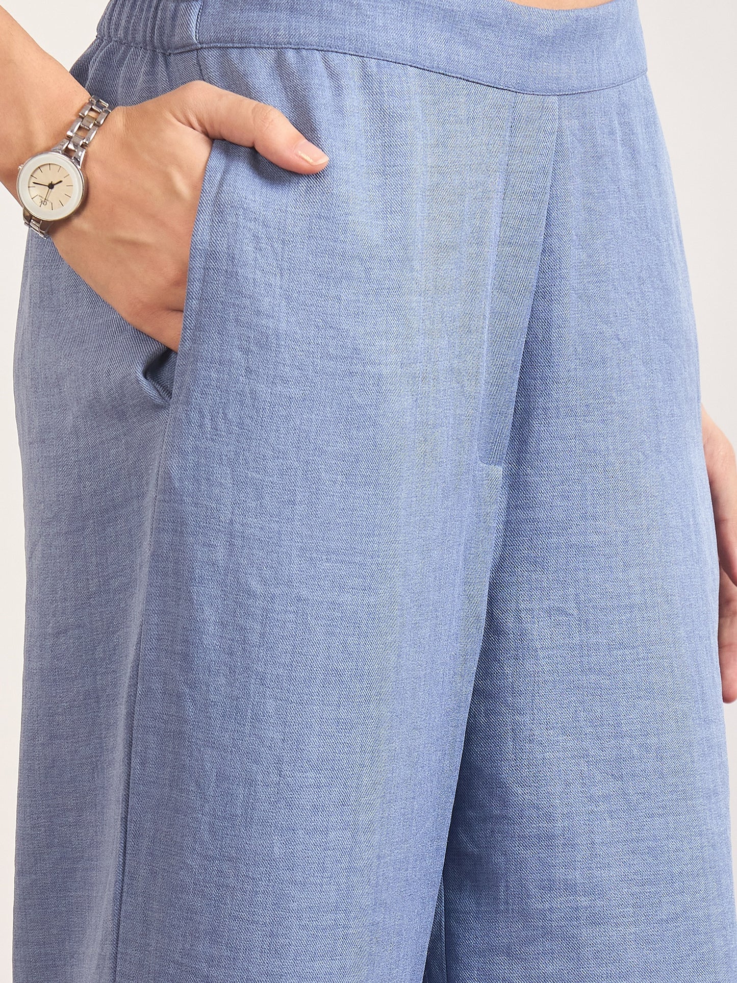 Indigo Cotton Embroidery & Cuffed Sleeves Co-Ord Set
