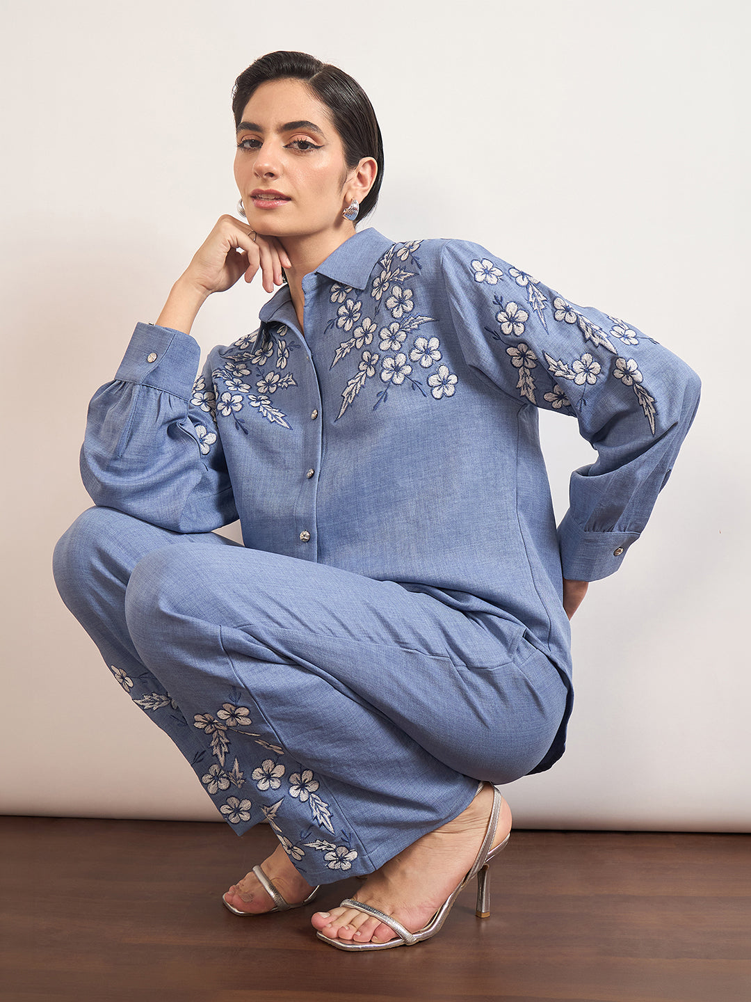 Indigo Cotton Embroidery & Cuffed Sleeves Co-Ord Set