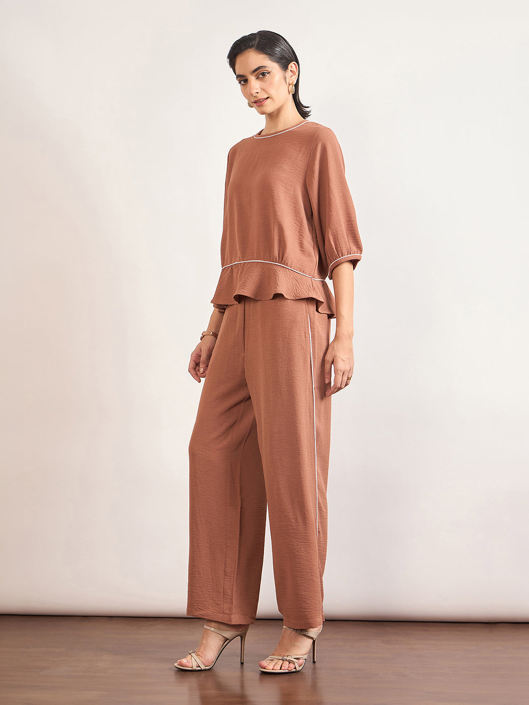 Mocca Viscose Piping & Cuffed Sleeves Co-Ord Set