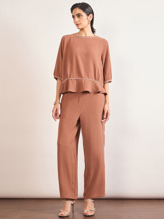 Mocca Viscose Piping & Cuffed Sleeves Co-Ord Set