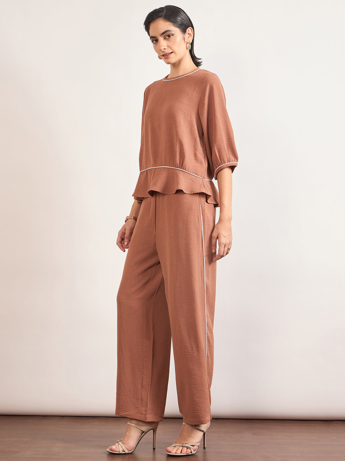 Mocca Viscose Piping & Cuffed Sleeves Co-Ord Set