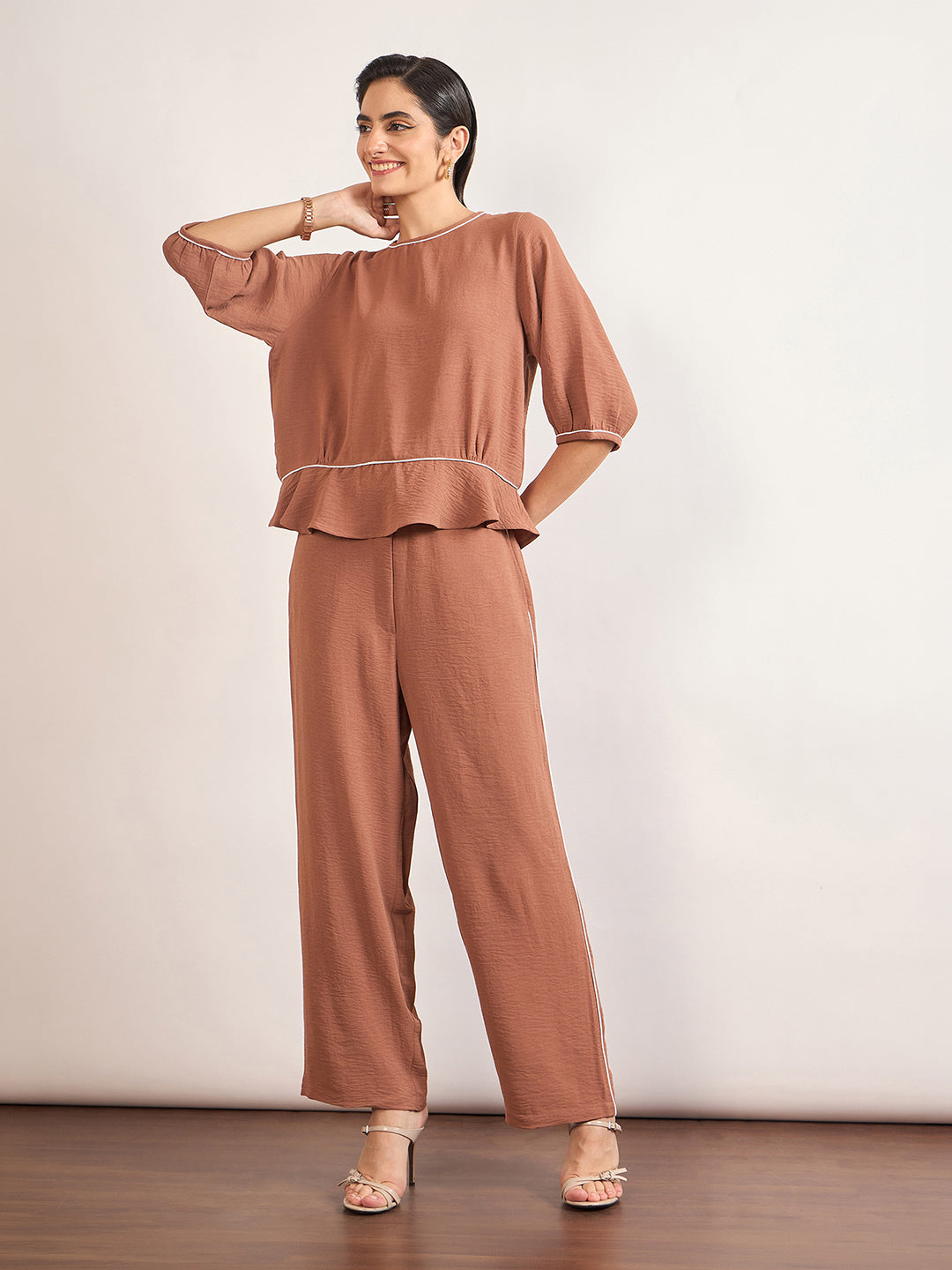 Mocca Viscose Piping & Cuffed Sleeves Co-Ord Set