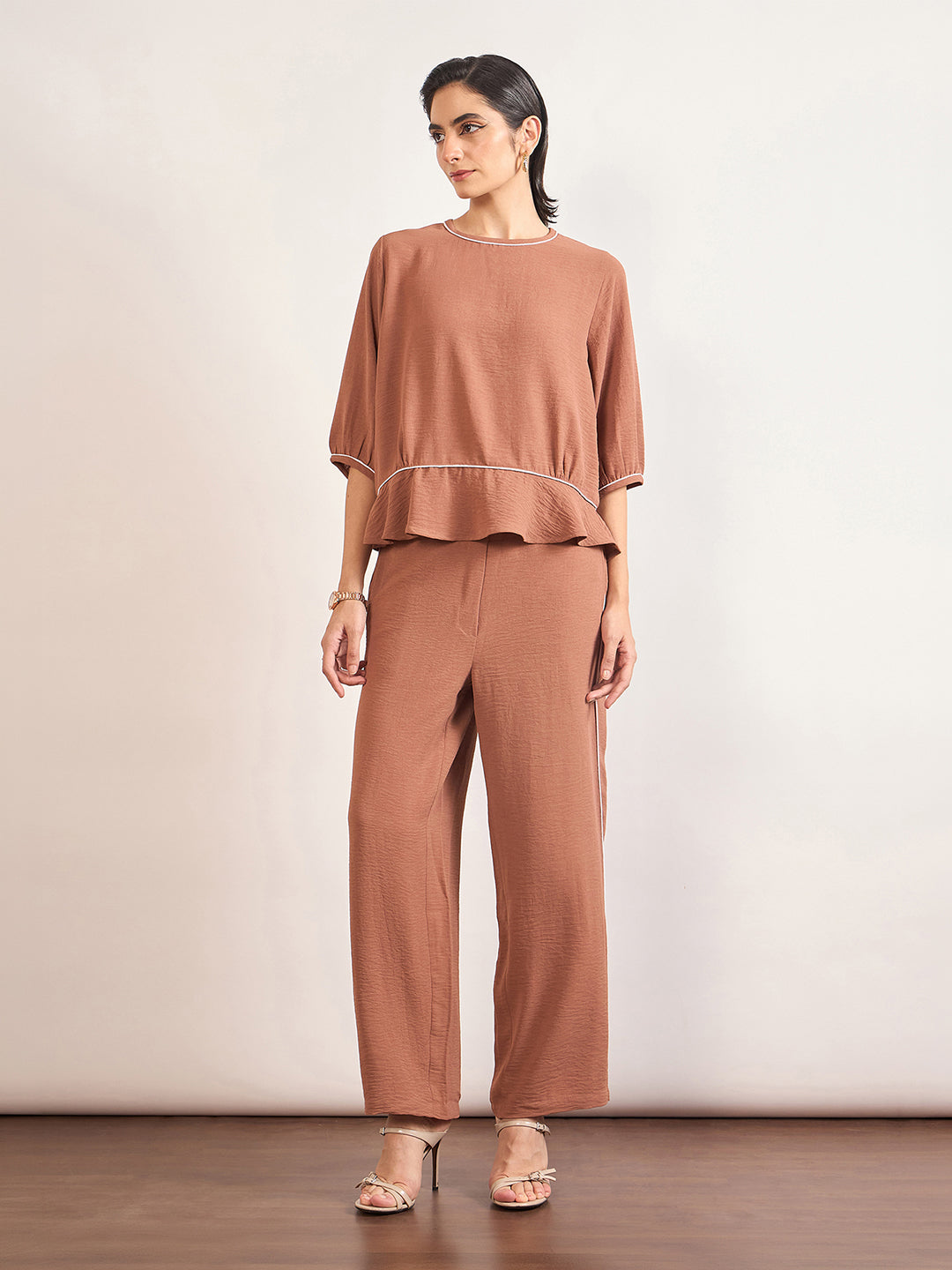 Mocca Viscose Piping & Cuffed Sleeves Co-Ord Set