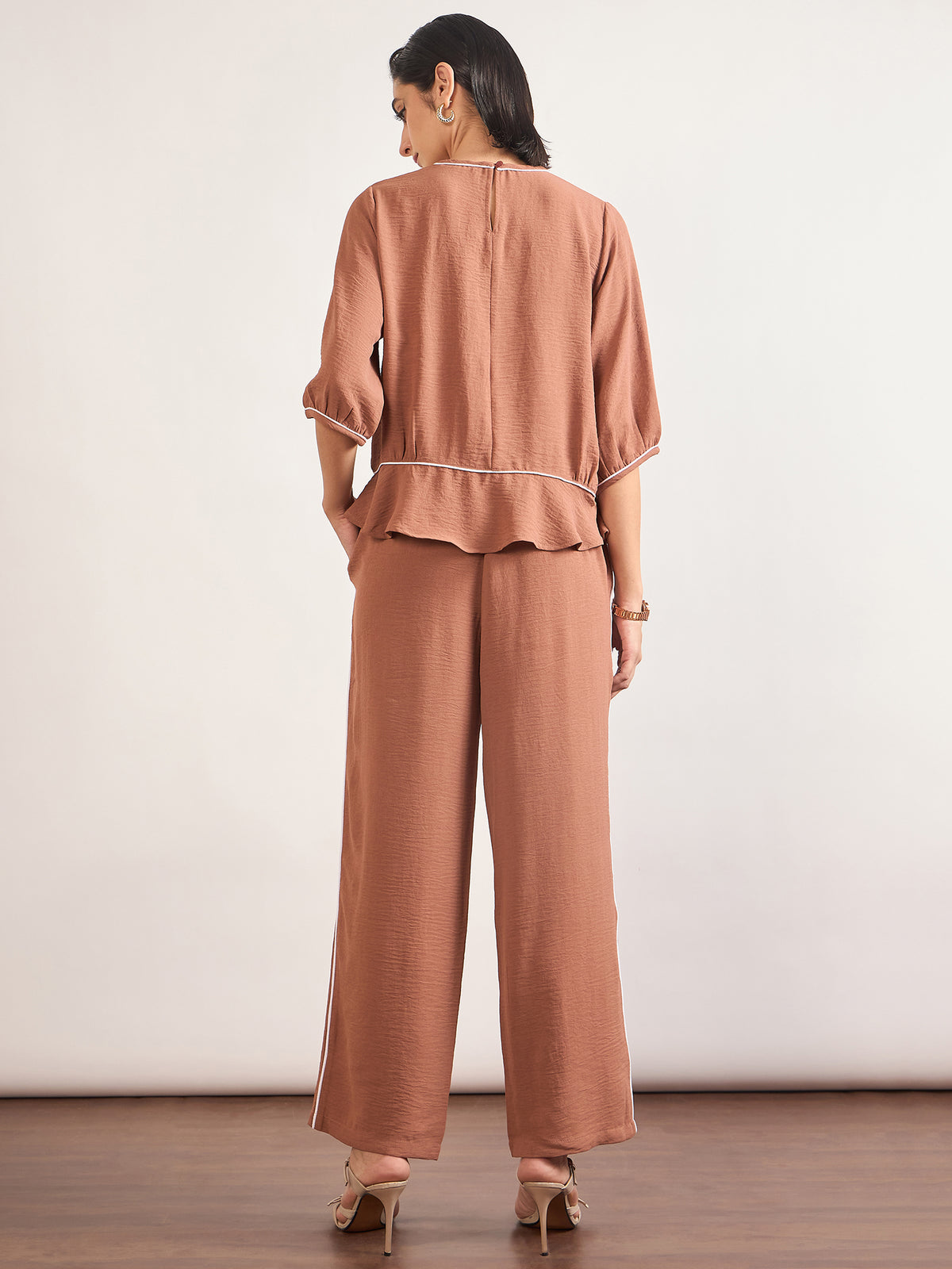 Mocca Viscose Piping & Cuffed Sleeves Co-Ord Set
