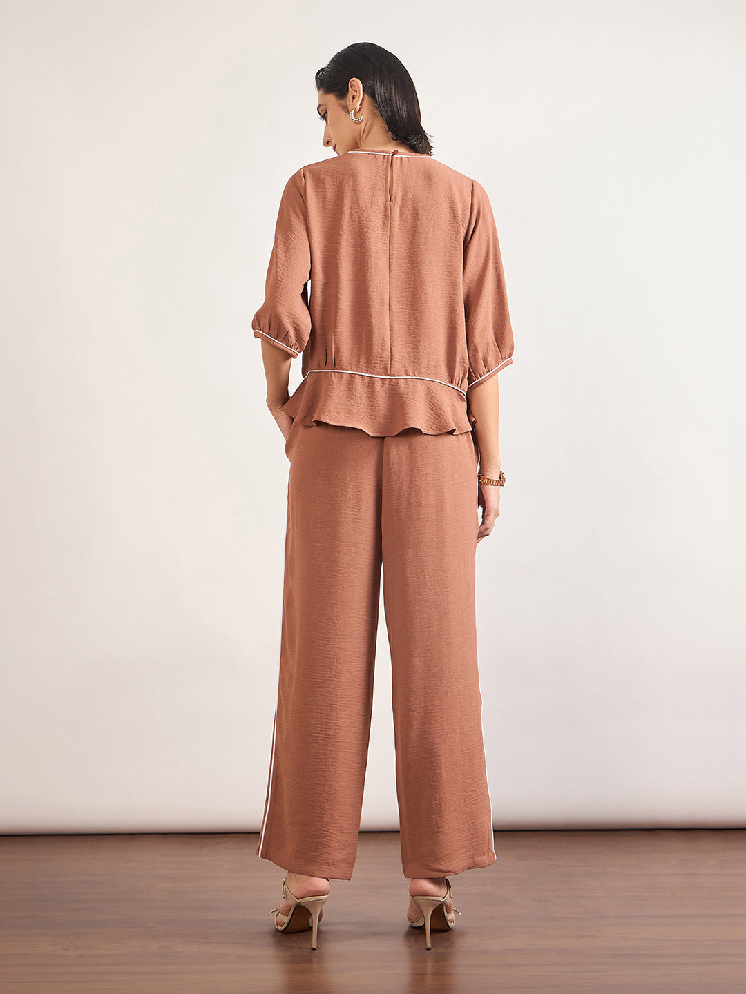 Mocca Viscose Piping & Cuffed Sleeves Co-Ord Set