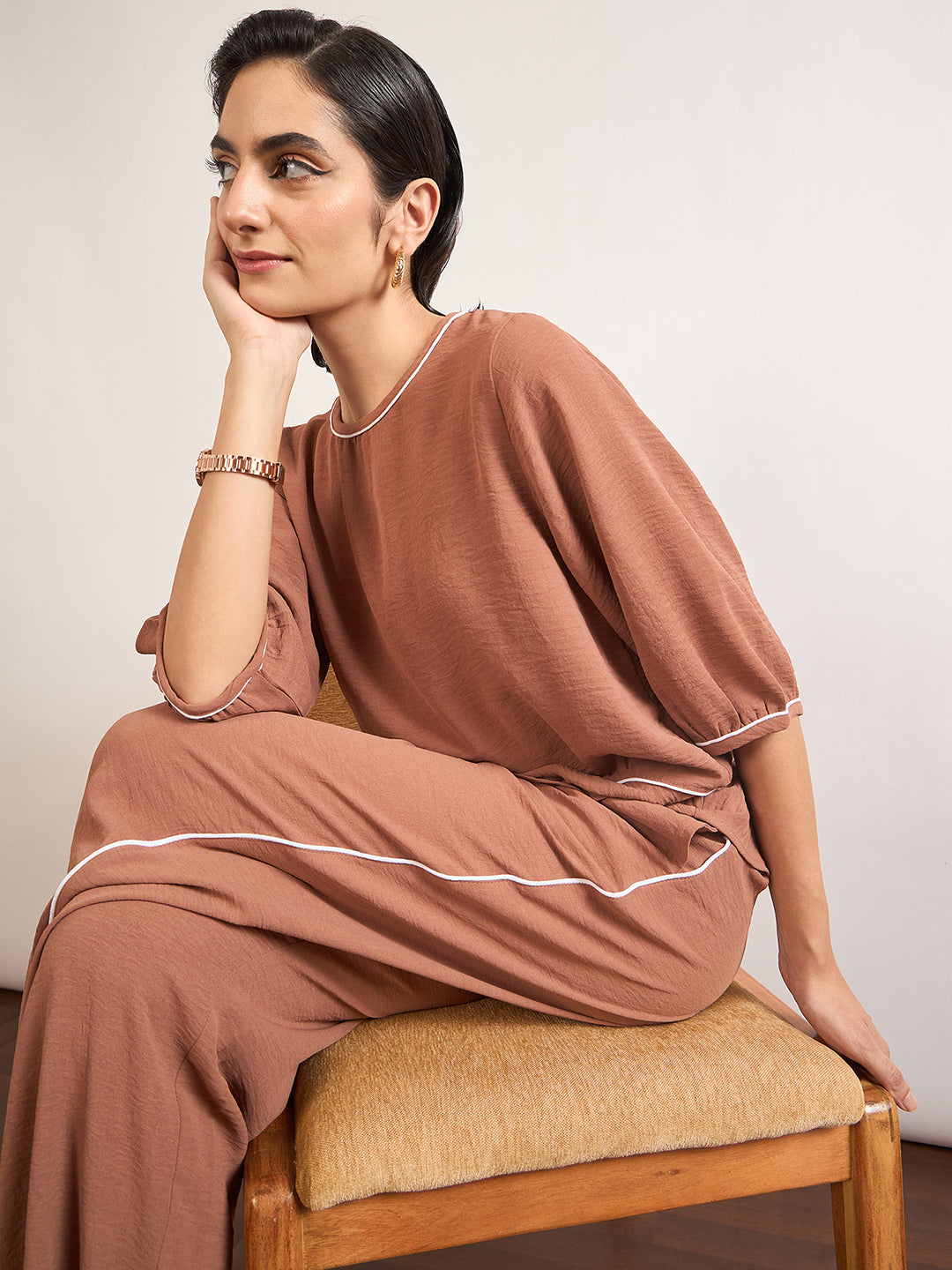 Mocca Viscose Piping & Cuffed Sleeves Co-Ord Set