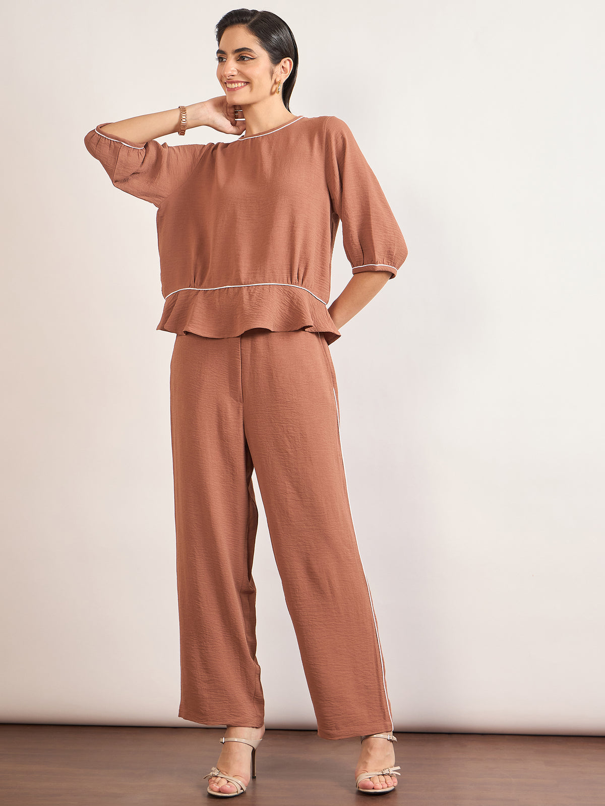 Mocca Viscose Piping & Cuffed Sleeves Co-Ord Set