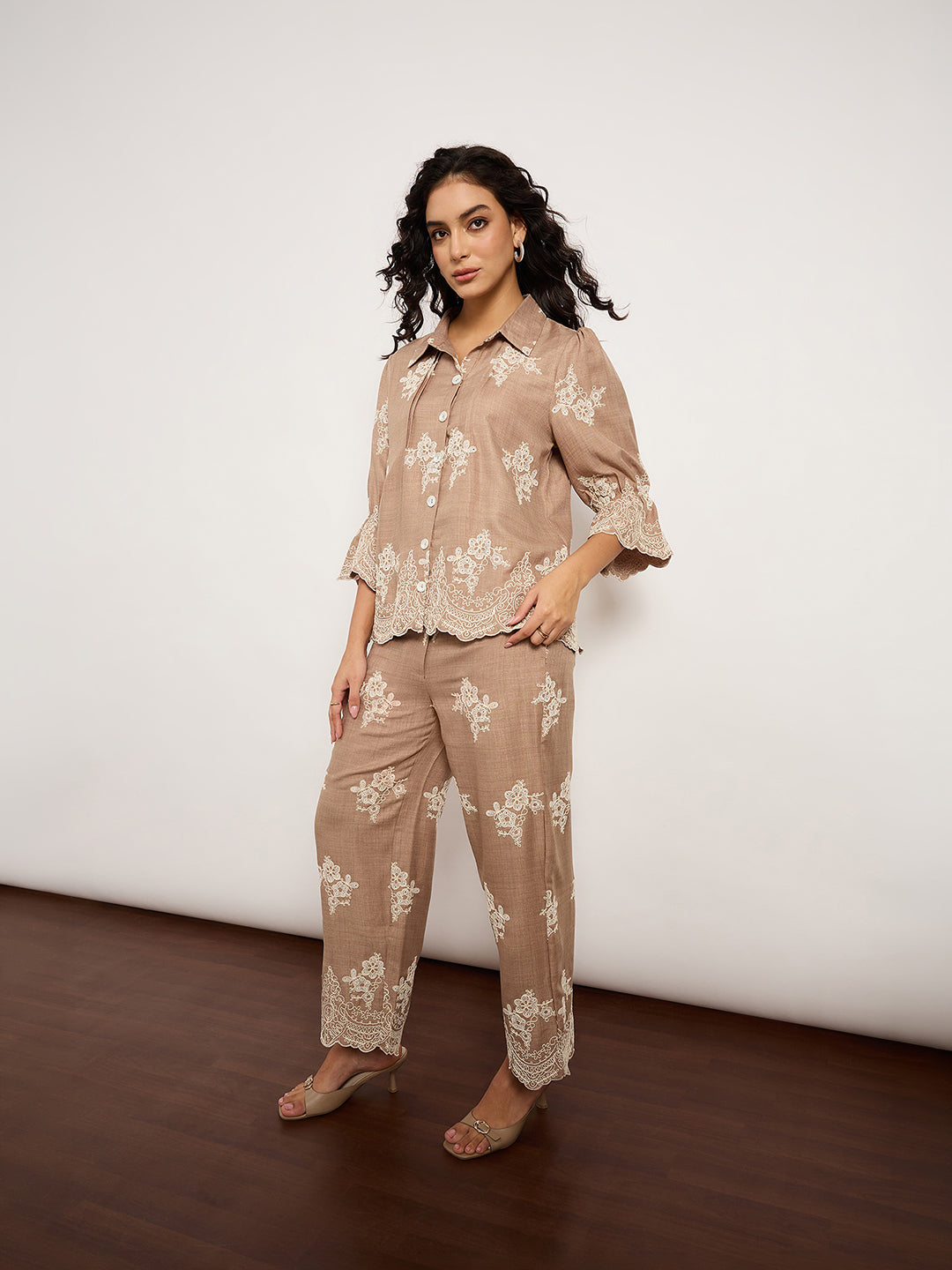 Beige Self-Embroidered Co-Ord Set With Edge Cutwork