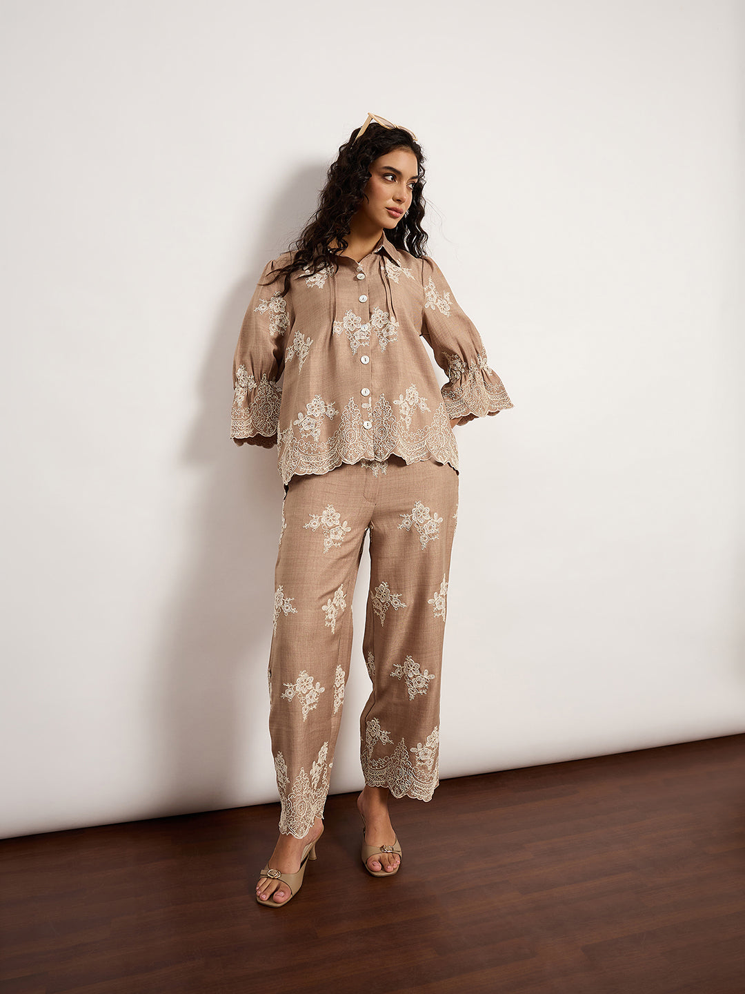 Beige Self-Embroidered Co-Ord Set With Edge Cutwork
