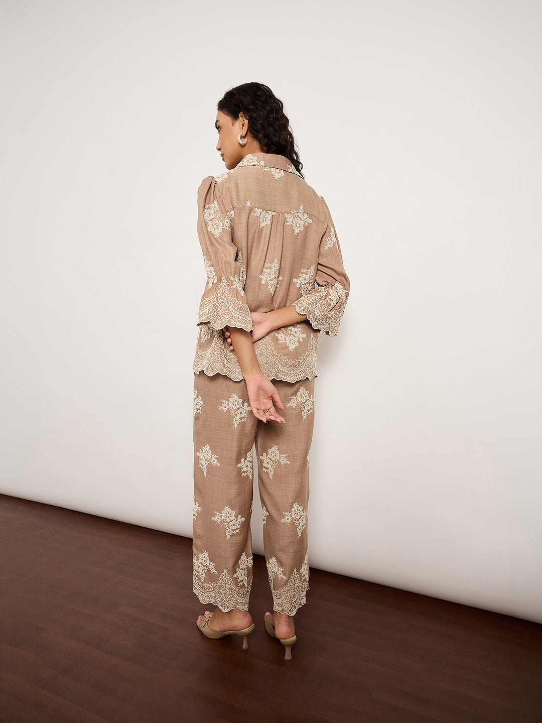 Beige Self-Embroidered Co-Ord Set With Edge Cutwork
