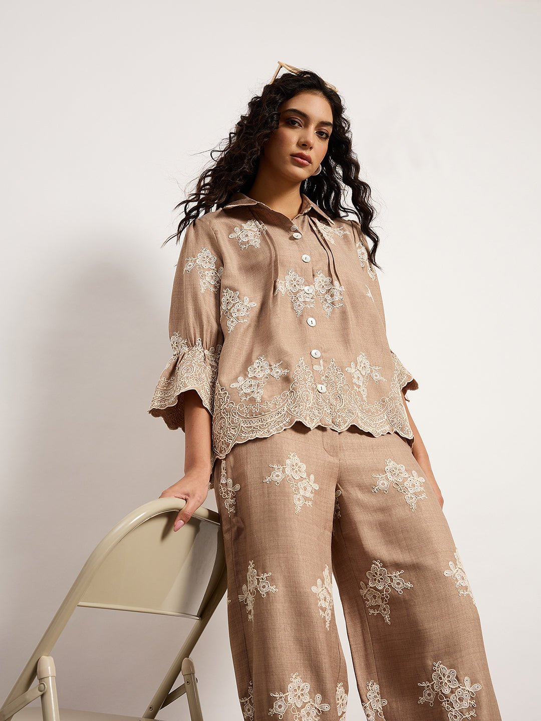 Beige Self-Embroidered Co-Ord Set With Edge Cutwork