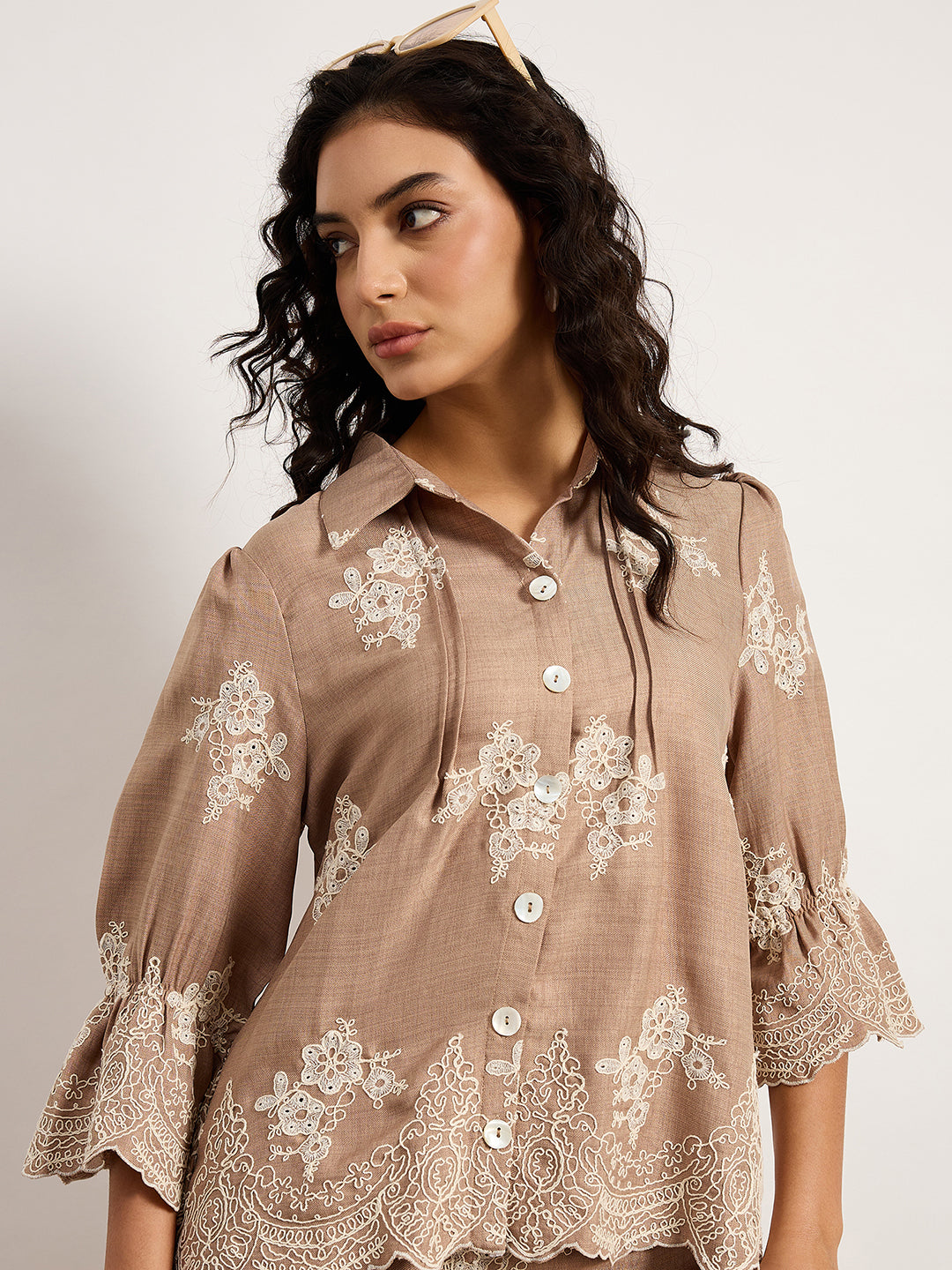 Beige Self-Embroidered Co-Ord Set With Edge Cutwork