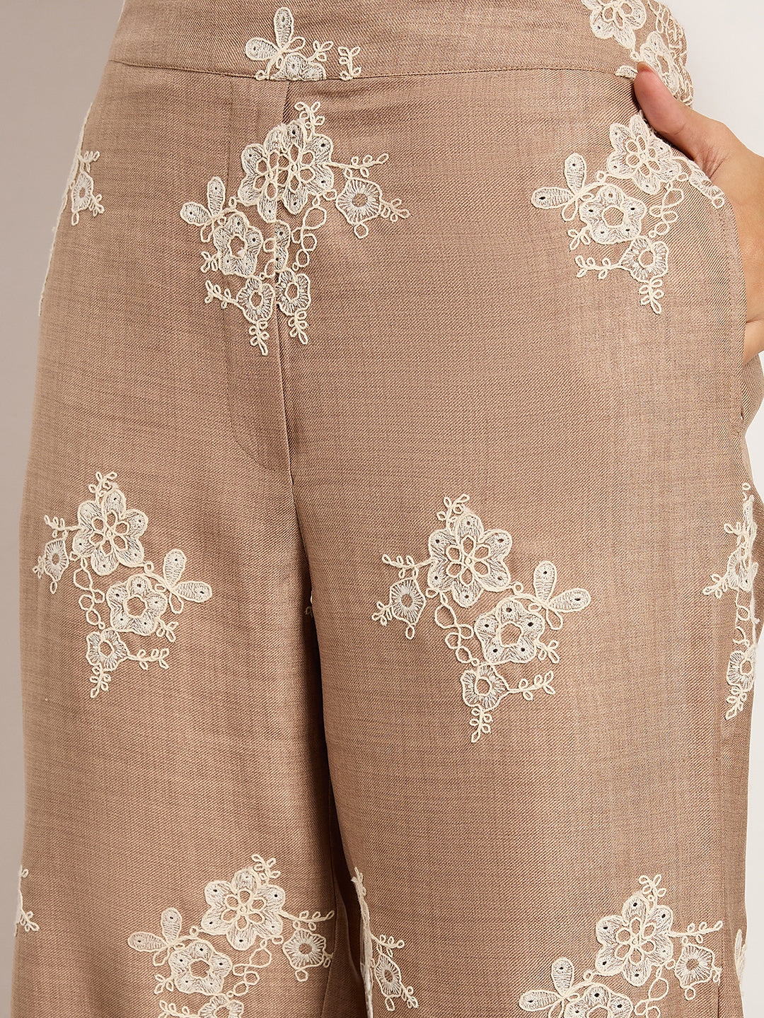 Beige Self-Embroidered Co-Ord Set With Edge Cutwork