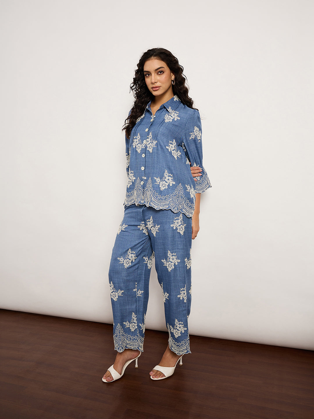 Indigo Self-Embroidered Top With Edge Cutwork