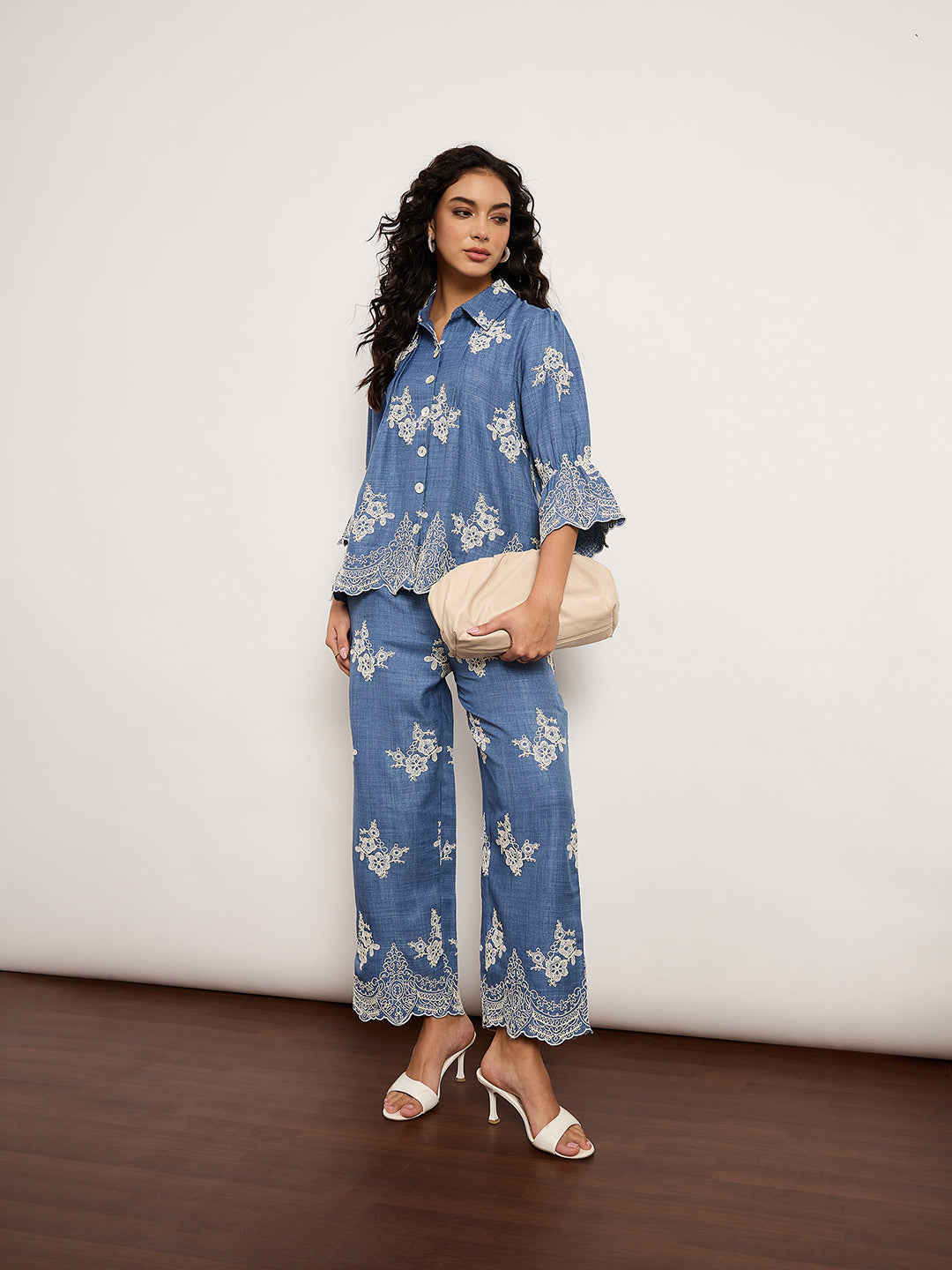 Indigo Self-Embroidered Top With Edge Cutwork