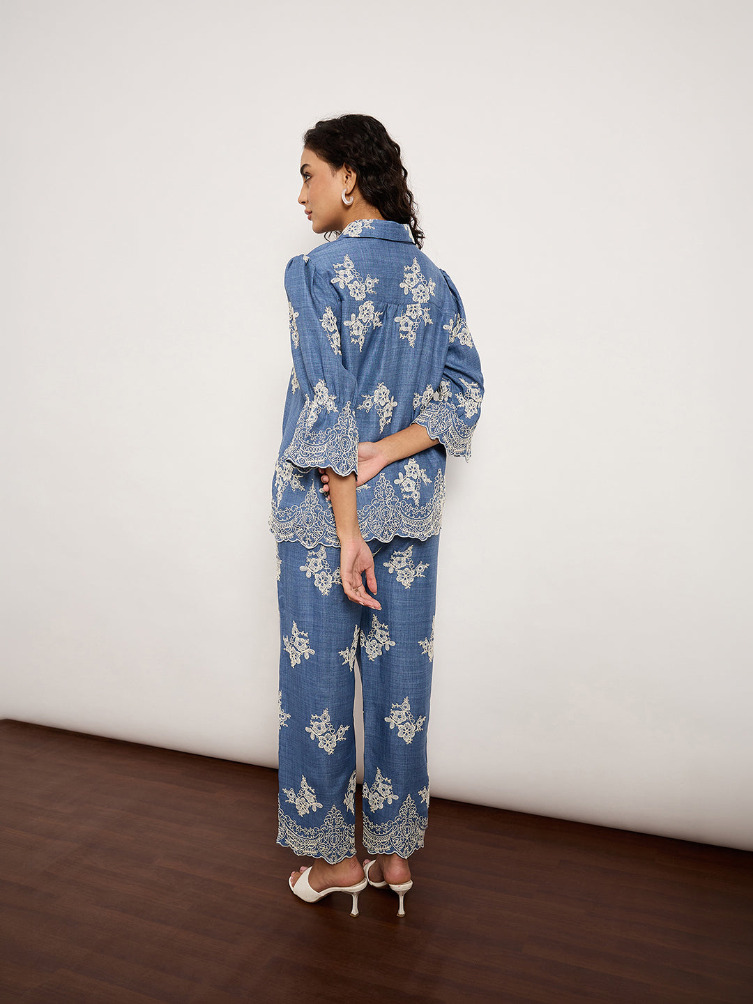 Indigo Self-Embroidered Top With Edge Cutwork