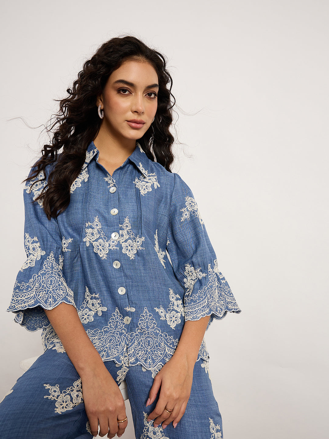 Indigo Self-Embroidered Top With Edge Cutwork
