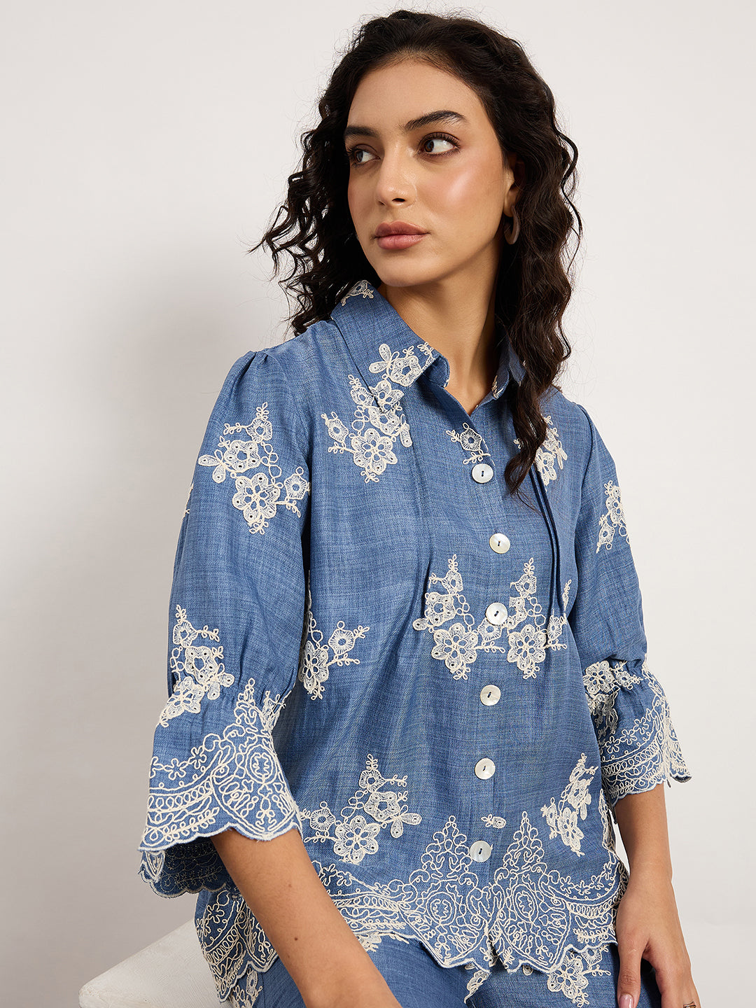 Indigo Self-Embroidered Top With Edge Cutwork