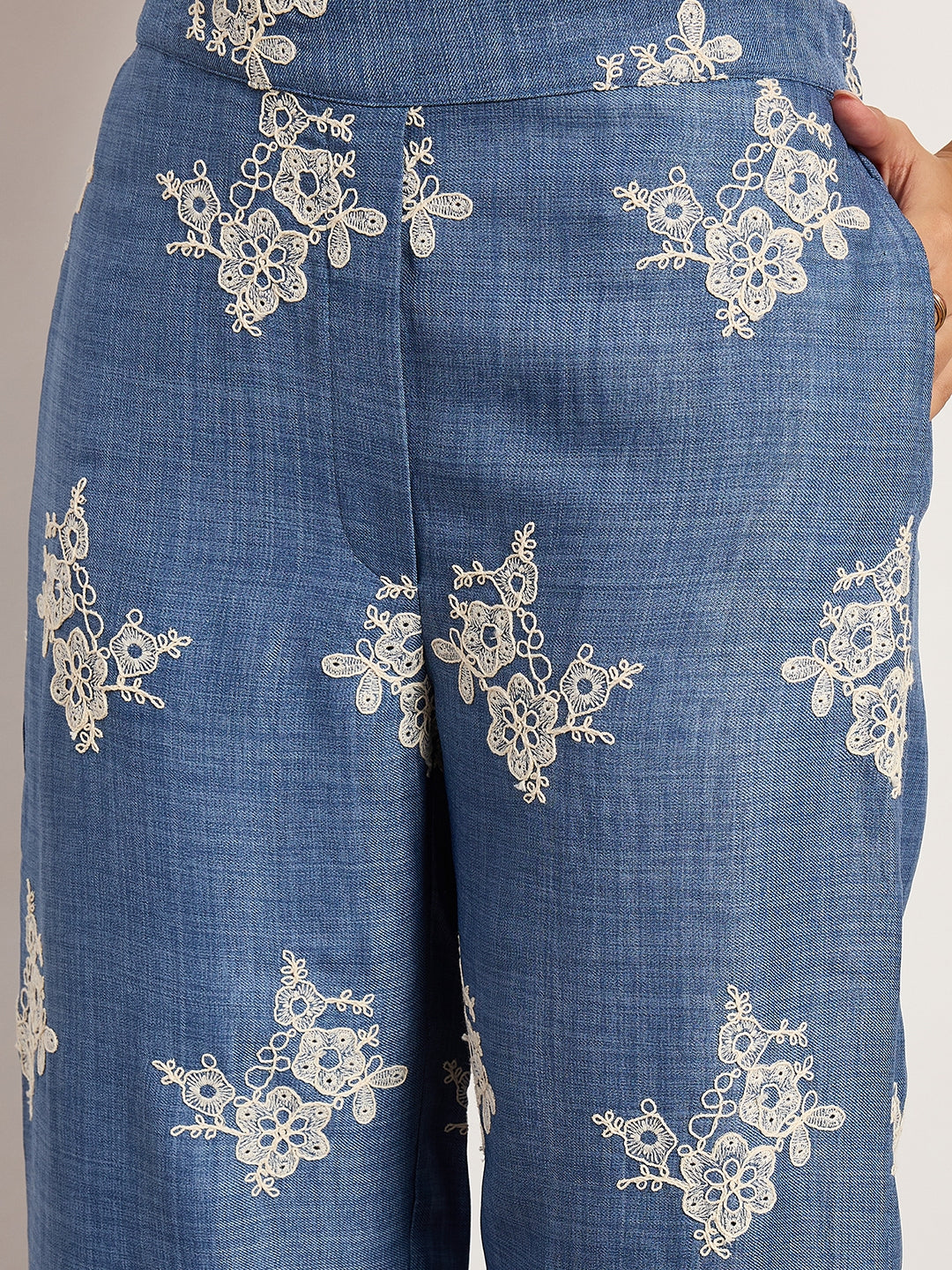Indigo Self-Embroidered Top With Edge Cutwork