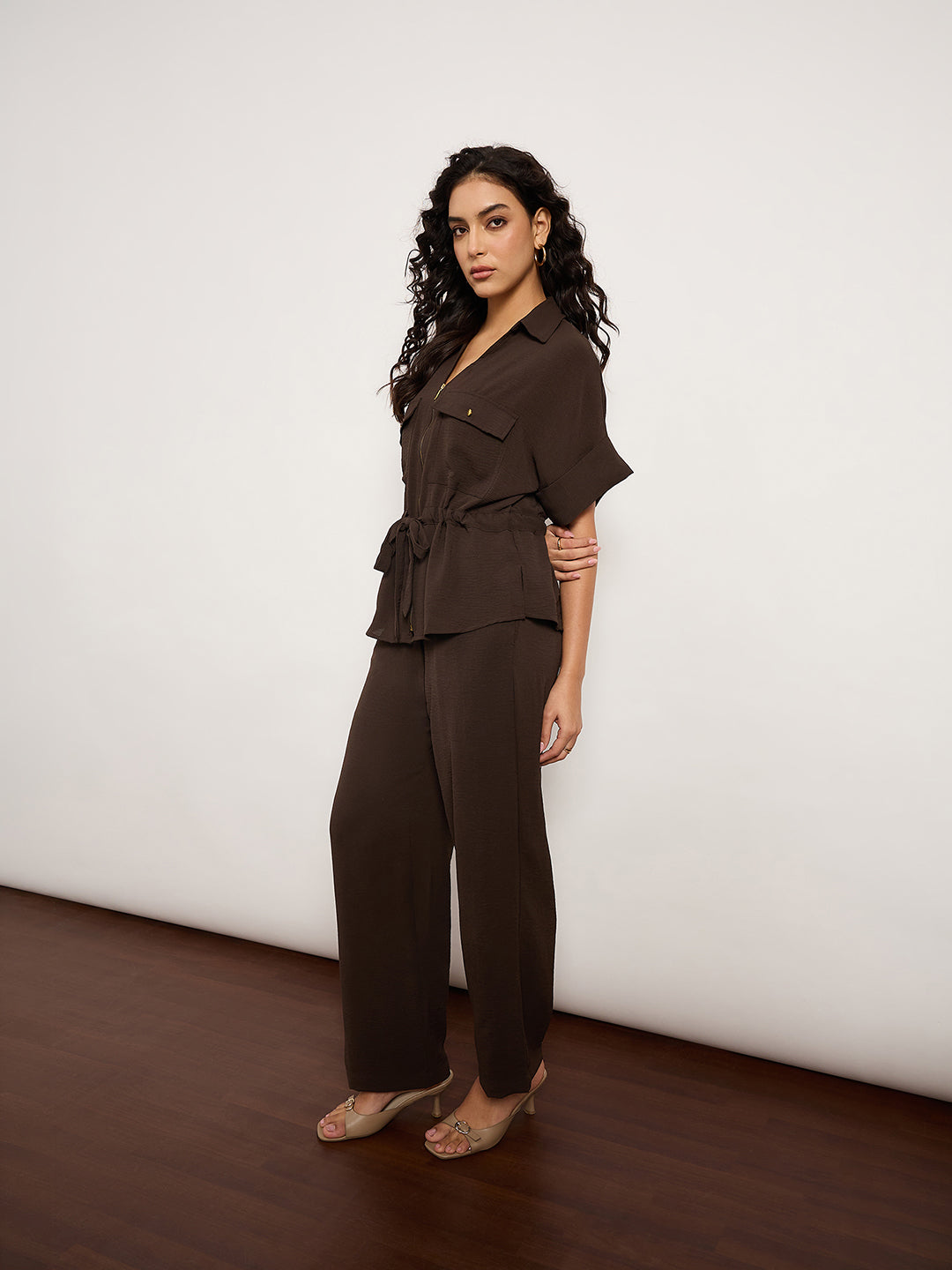 Coffee Co-Ord Set With Metal Zip & Drawstring Waist
