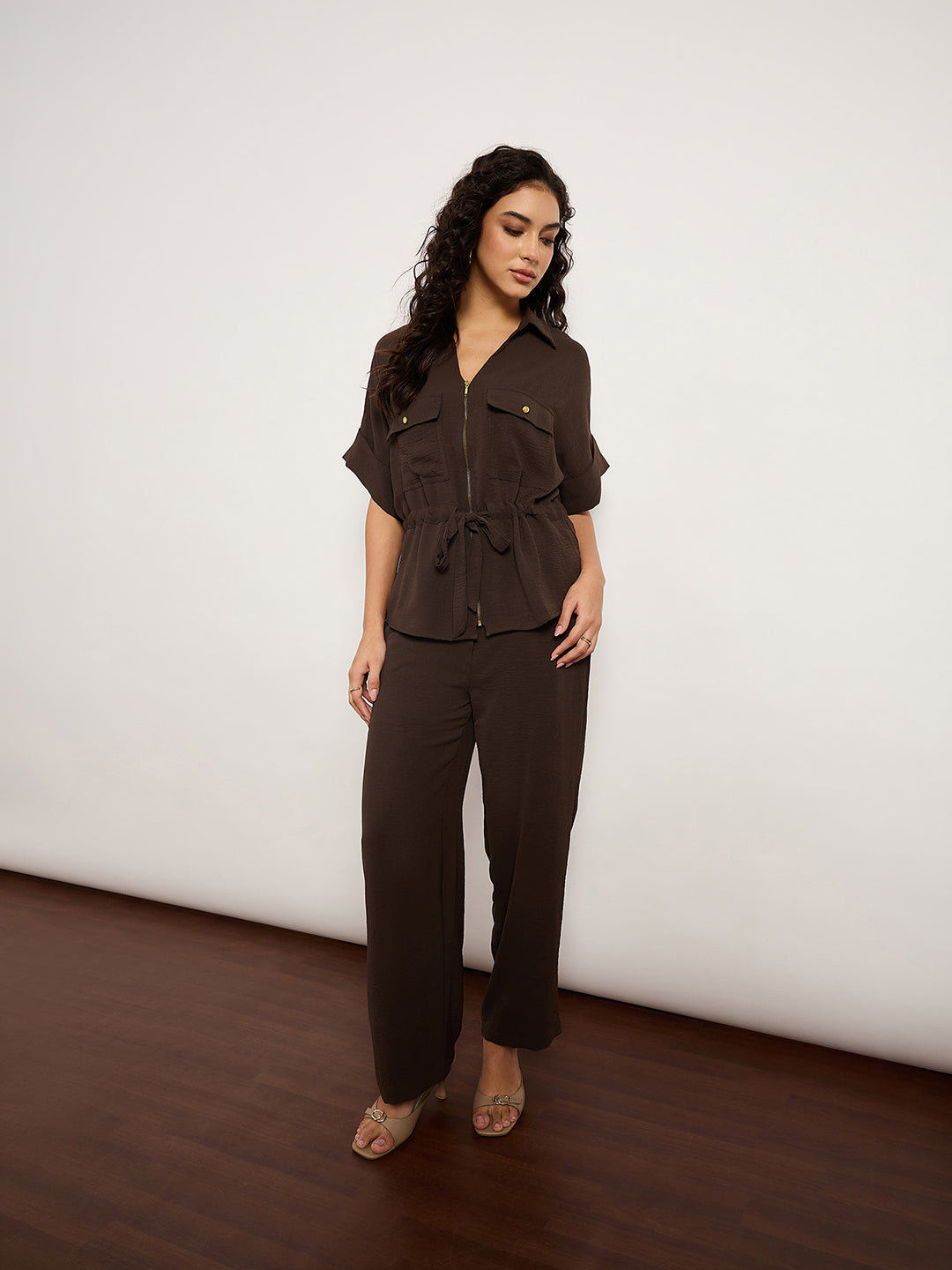 Coffee Co-Ord Set With Metal Zip & Drawstring Waist