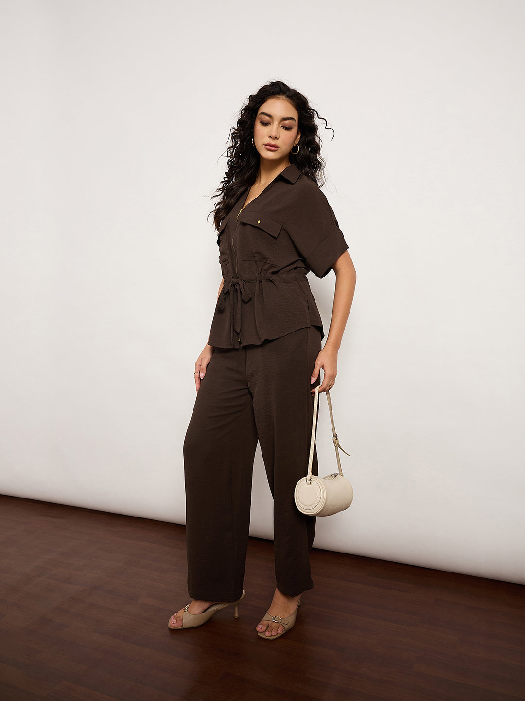 Coffee Co-Ord Set With Metal Zip & Drawstring Waist