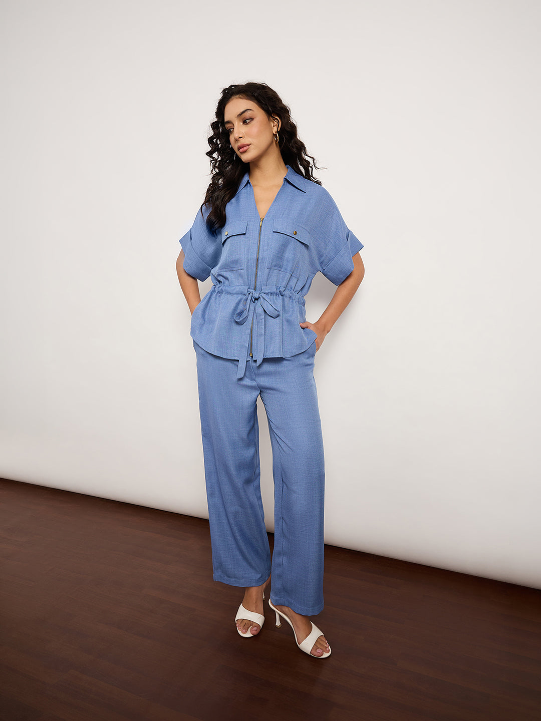 Denim Blue Co-Ord Set With Metal Zip & Drawstring Waist