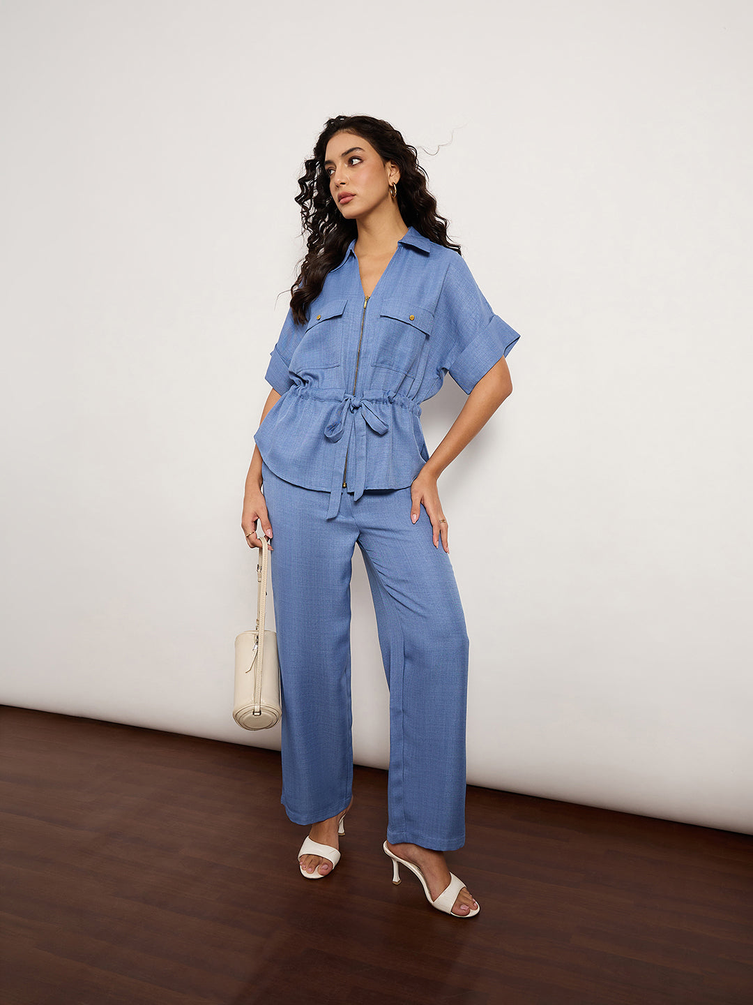 Denim Blue Co-Ord Set With Metal Zip & Drawstring Waist