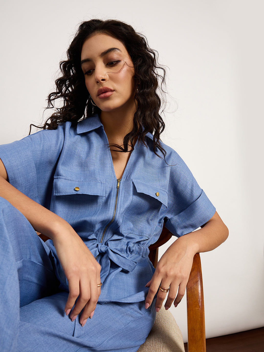 Denim Blue Co-Ord Set With Metal Zip & Drawstring Waist