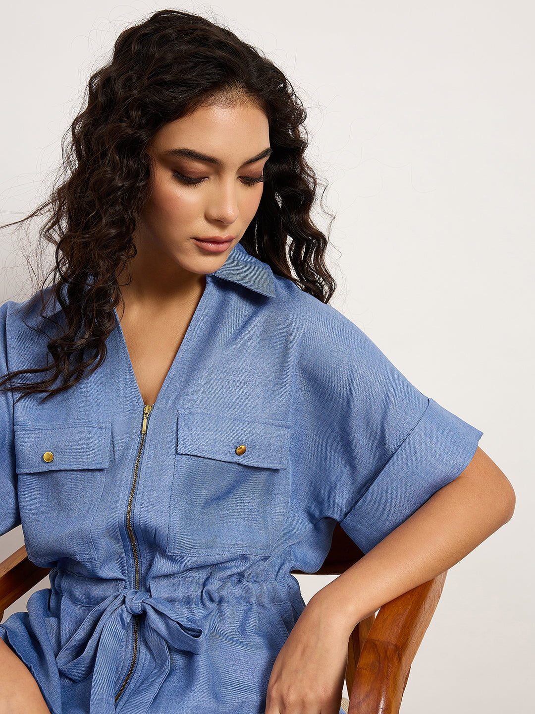Denim Blue Co-Ord Set With Metal Zip & Drawstring Waist
