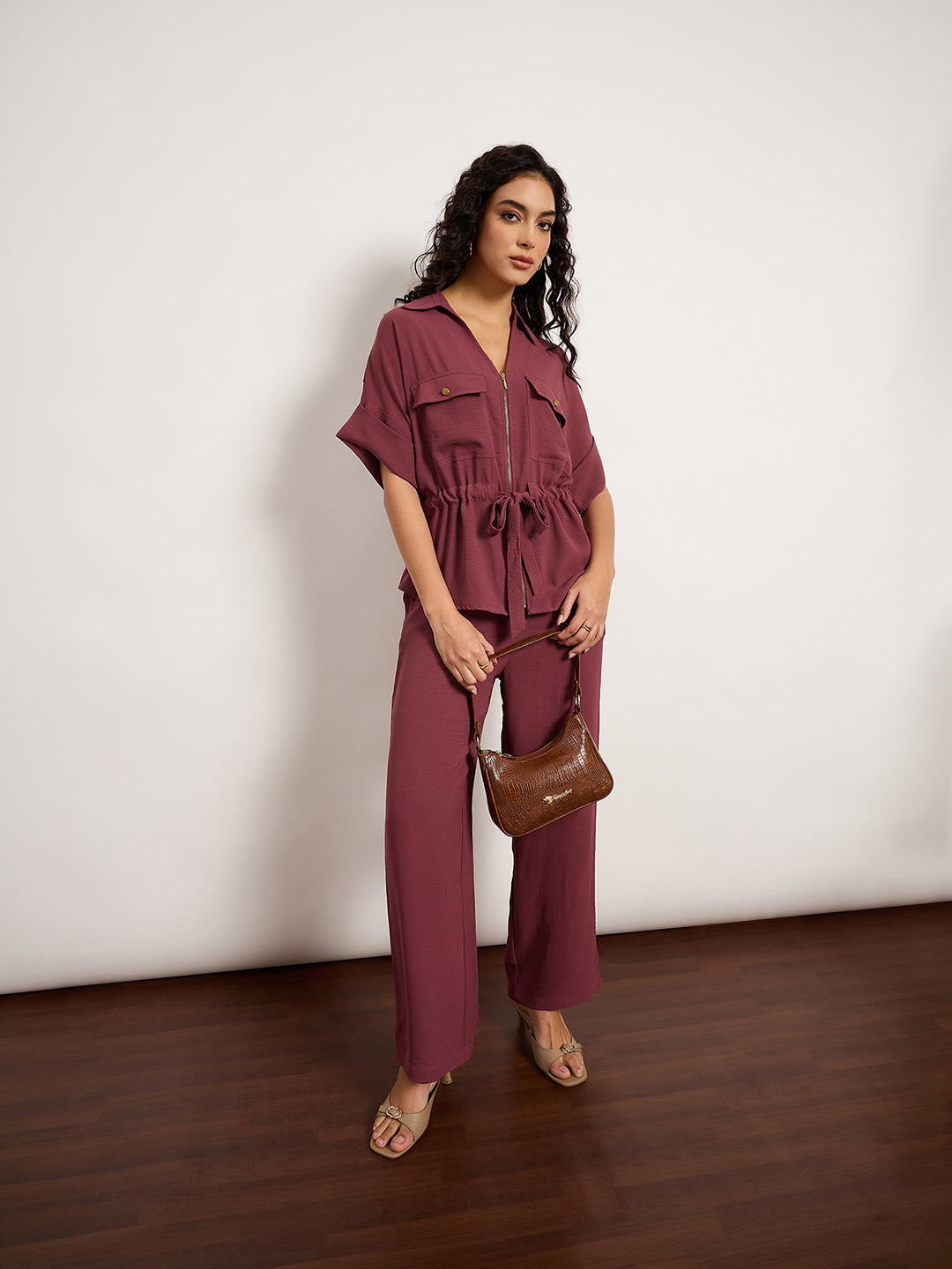 Wine Co-Ord Set With Metal Zip & Drawstring Waist