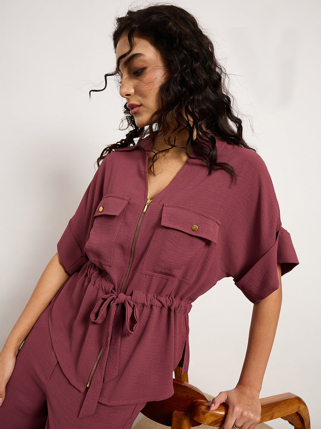 Wine Co-Ord Set With Metal Zip & Drawstring Waist