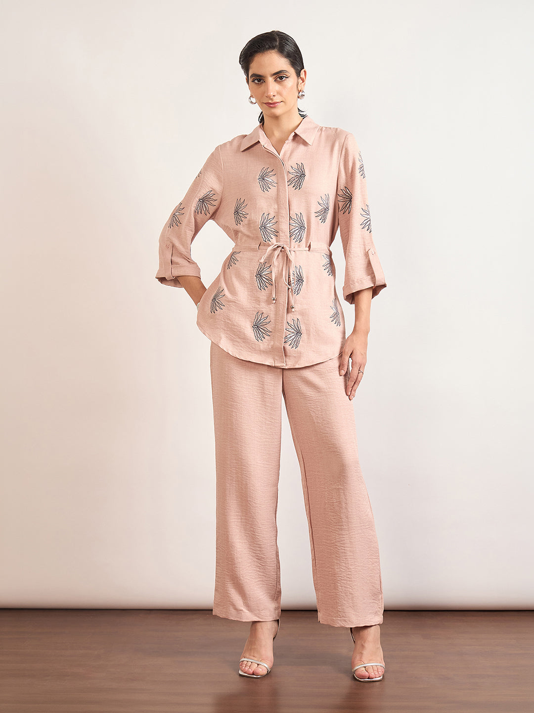 Beige Nylon Viscose Embroidery Co-Ord Set
