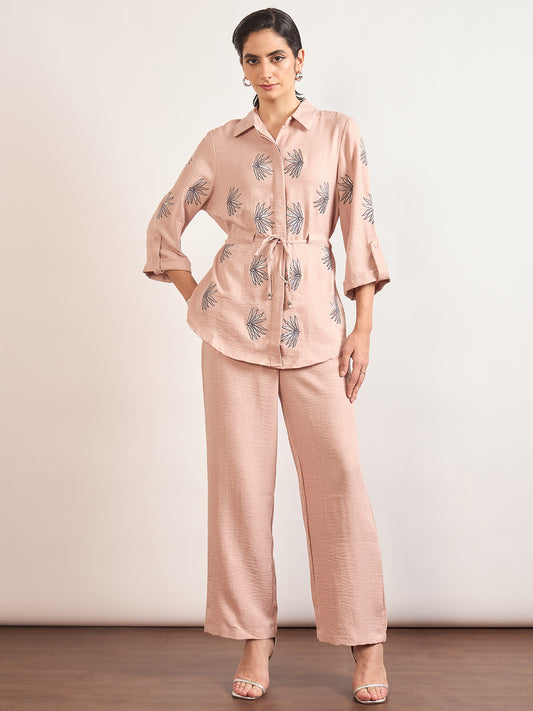 Beige Nylon Viscose Embroidery Co-Ord Set