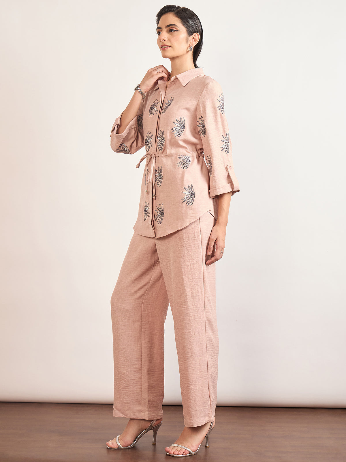 Beige Nylon Viscose Embroidery Co-Ord Set
