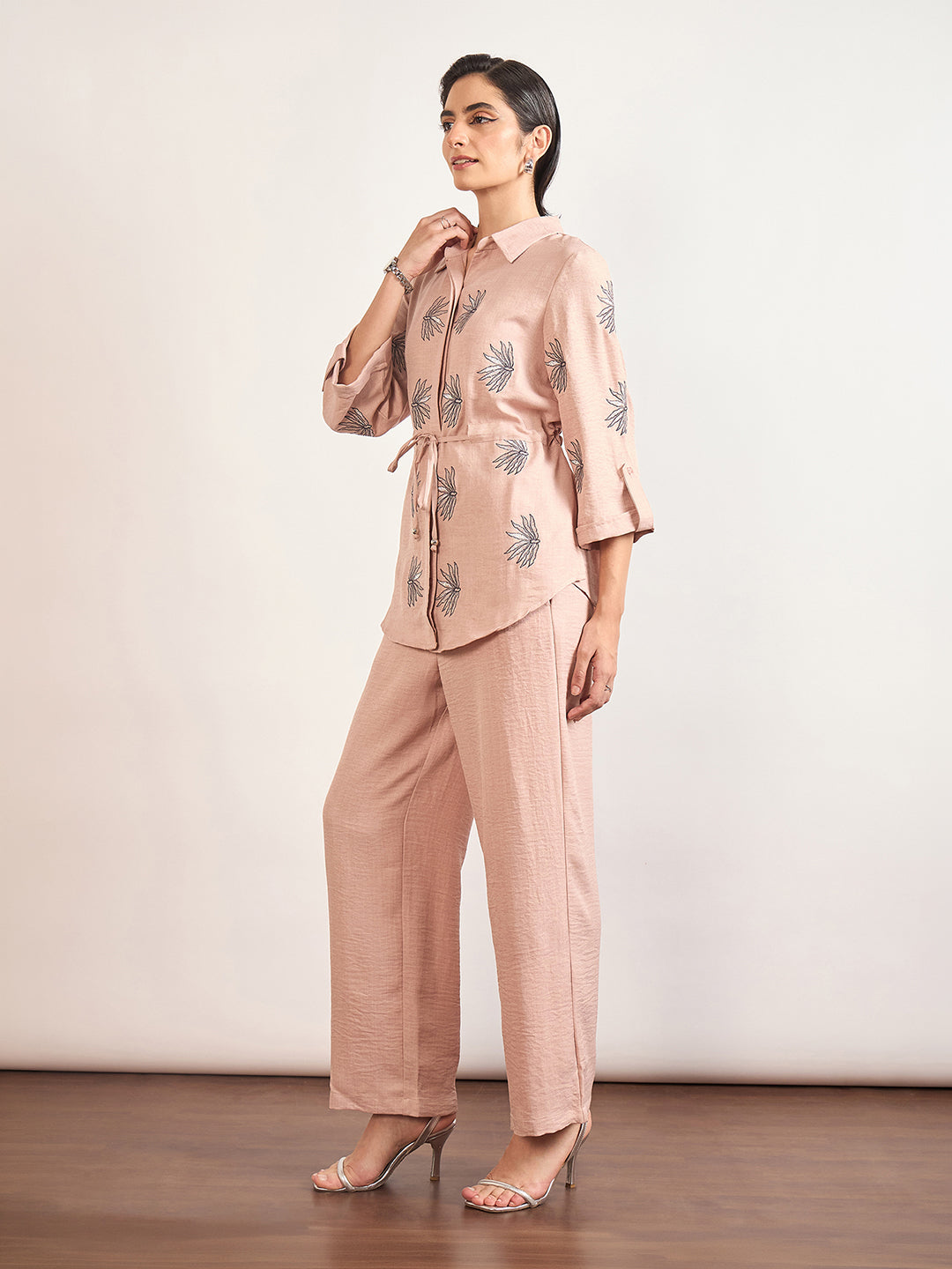 Beige Nylon Viscose Embroidery Co-Ord Set