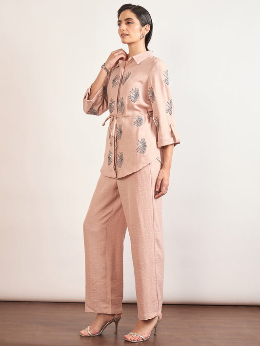 Beige Nylon Viscose Embroidery Co-Ord Set
