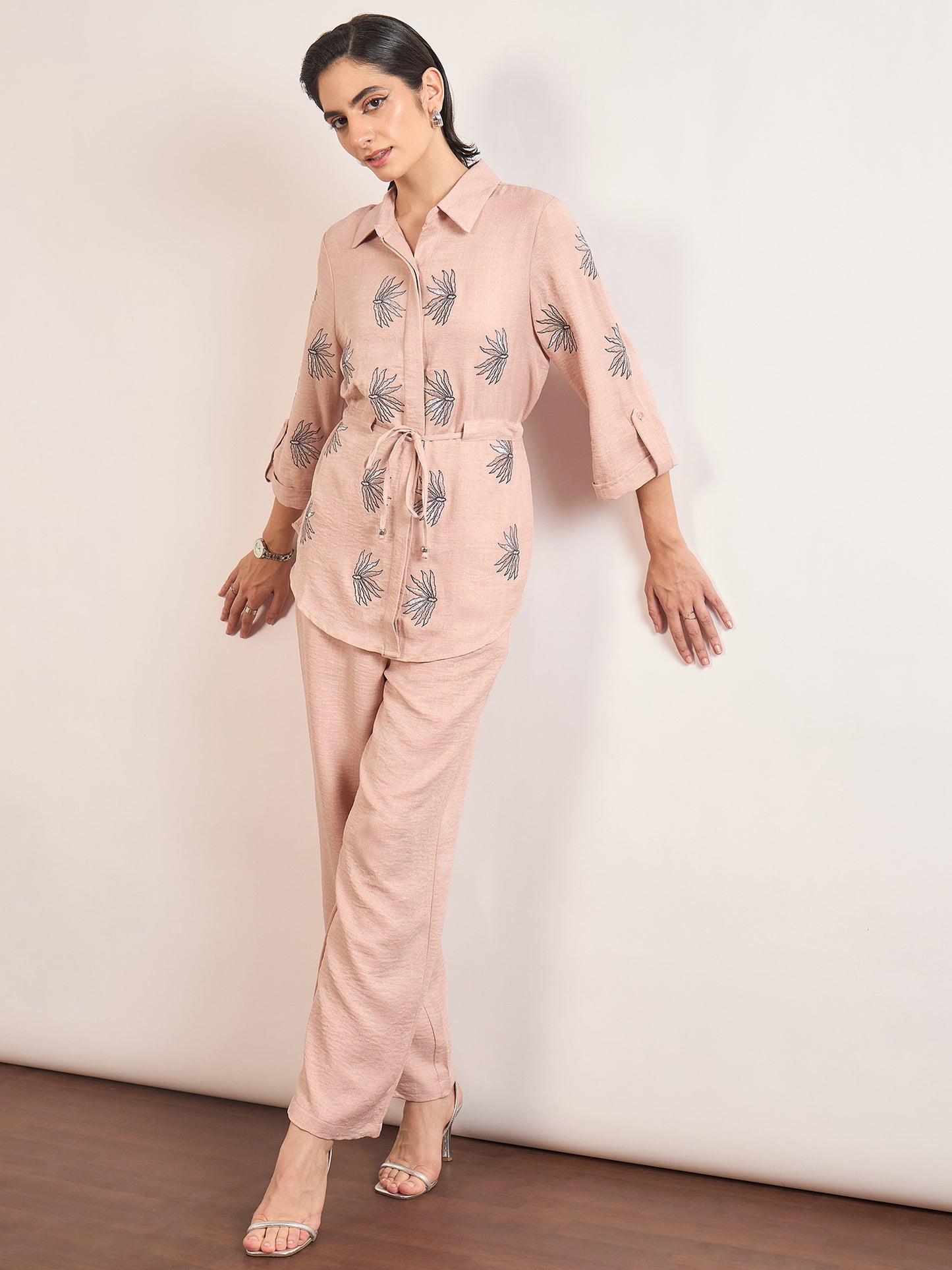 Beige Nylon Viscose Embroidery Co-Ord Set