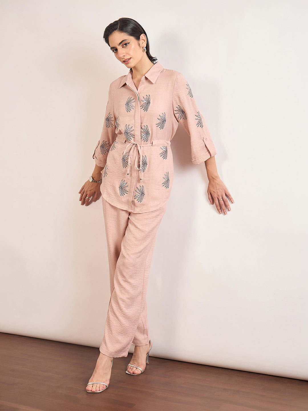 Beige Nylon Viscose Embroidery Co-Ord Set